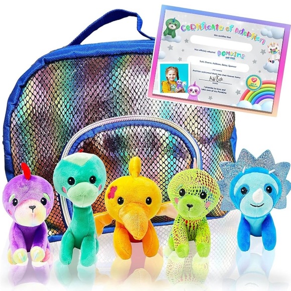 Pomkinz Dinosaur 🦕 🦖 Pet Pals Set of 5 Stuffed Animals Rainbow Bag. - Picture 1 of 8